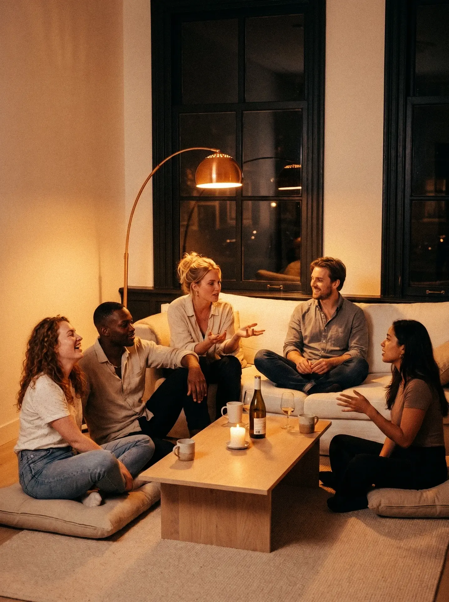 A small evening gathering in Amsterdam, seated around a low table in conversation