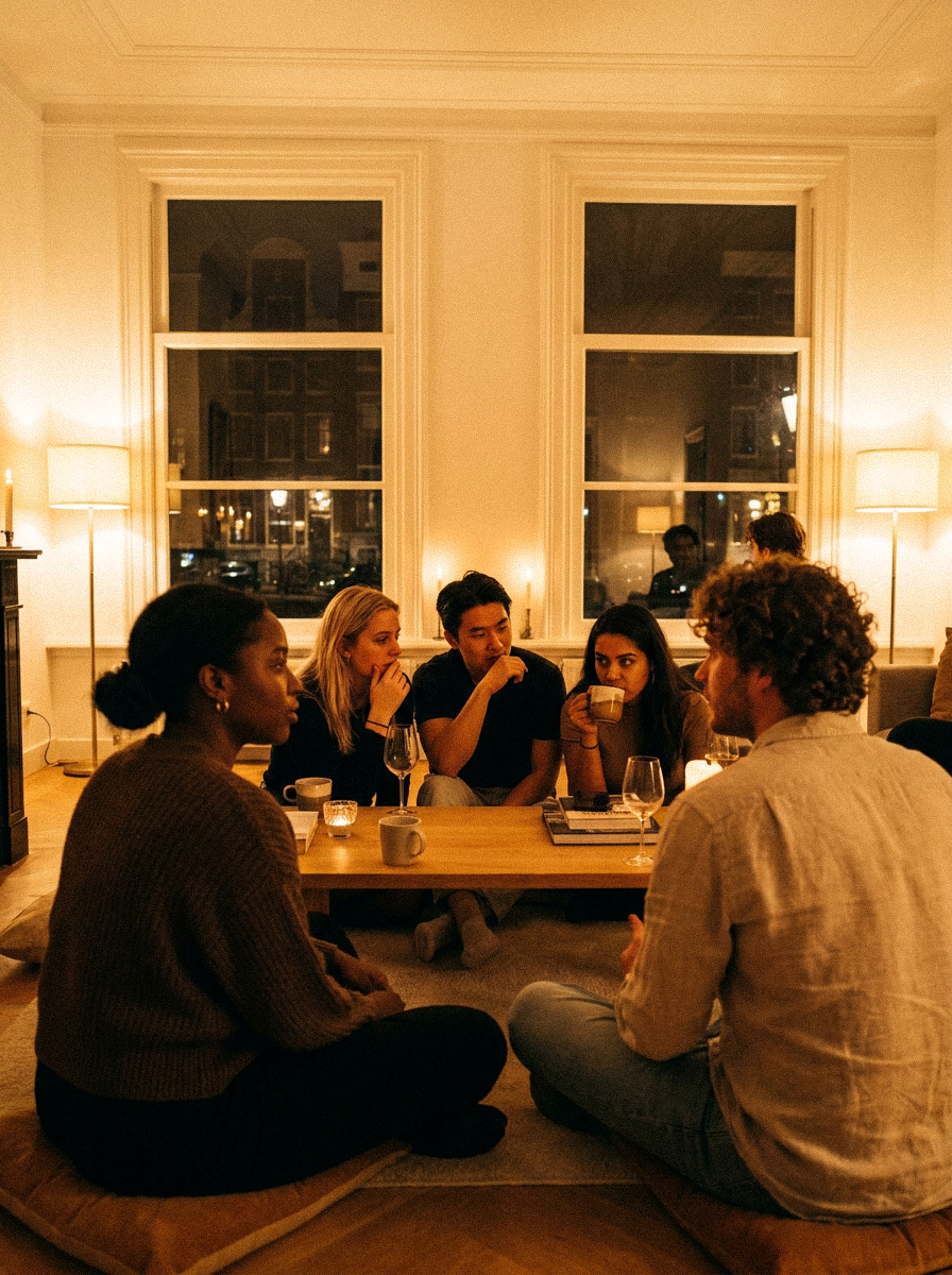 A group of people sitting together in a warmly lit living room, talking and listening